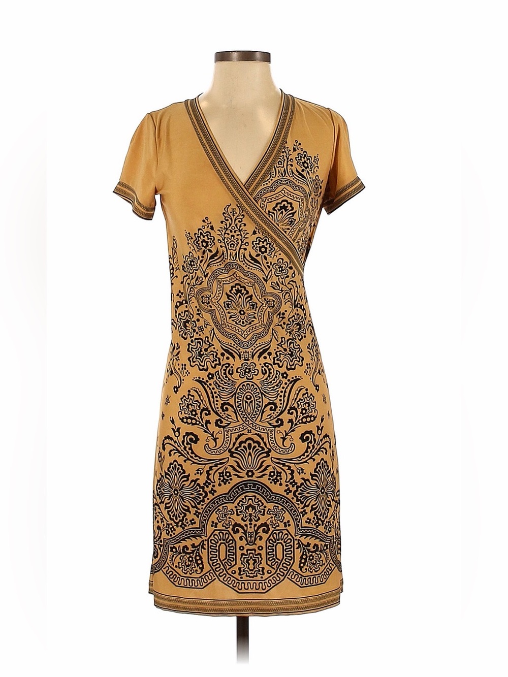 Milano Boho Paisley Faux Wrap Sheath Dress Mustard Yellow Excellent Condition.